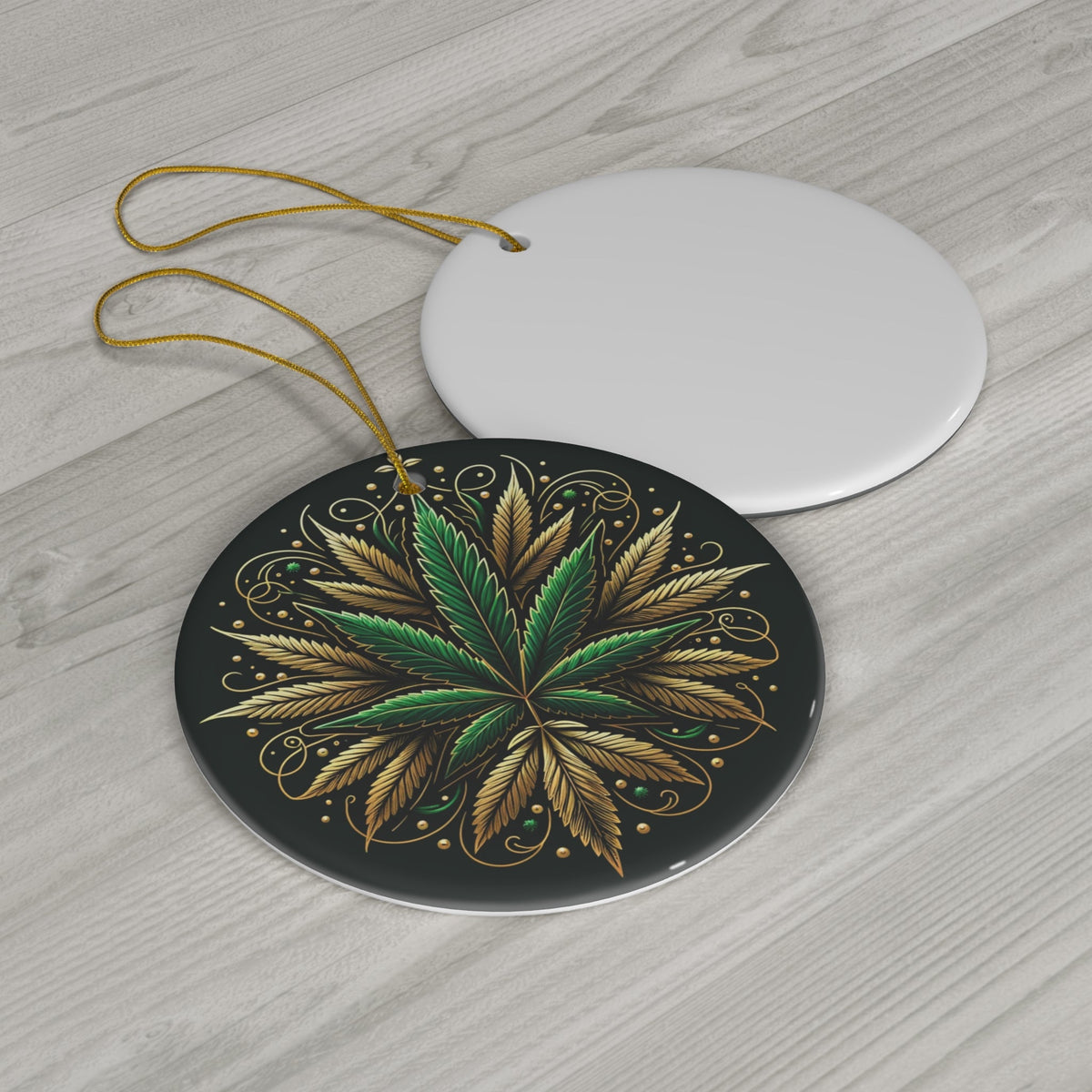 Golden-Accented Hemp Leaf Ceramic Ornament