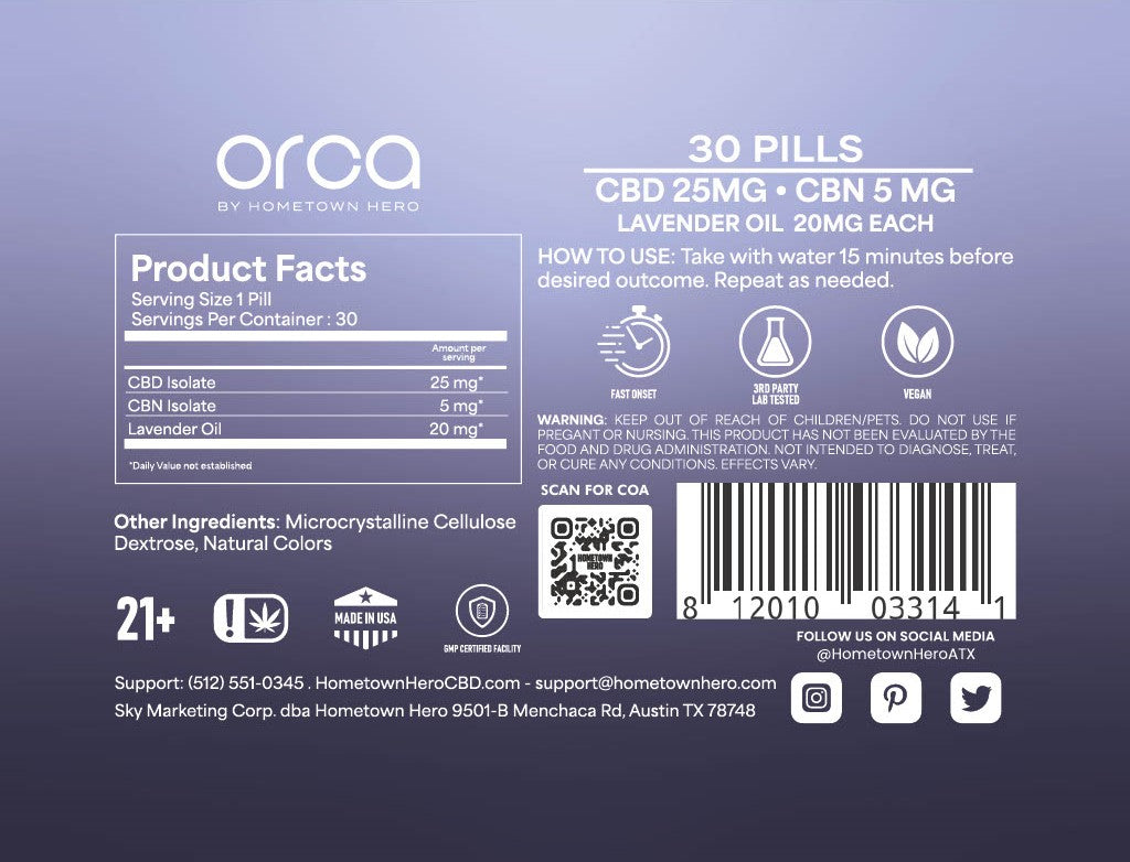 ORCA Relax: CBD, CBN, &amp; Lavender Pills for Calming - 30ct