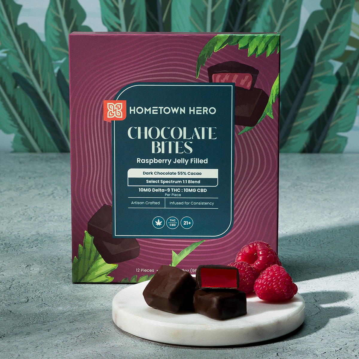 Raspberry Jelly Dark Chocolate Bites - 10mg THC &amp; CBD with Live Rosin (12pcs)