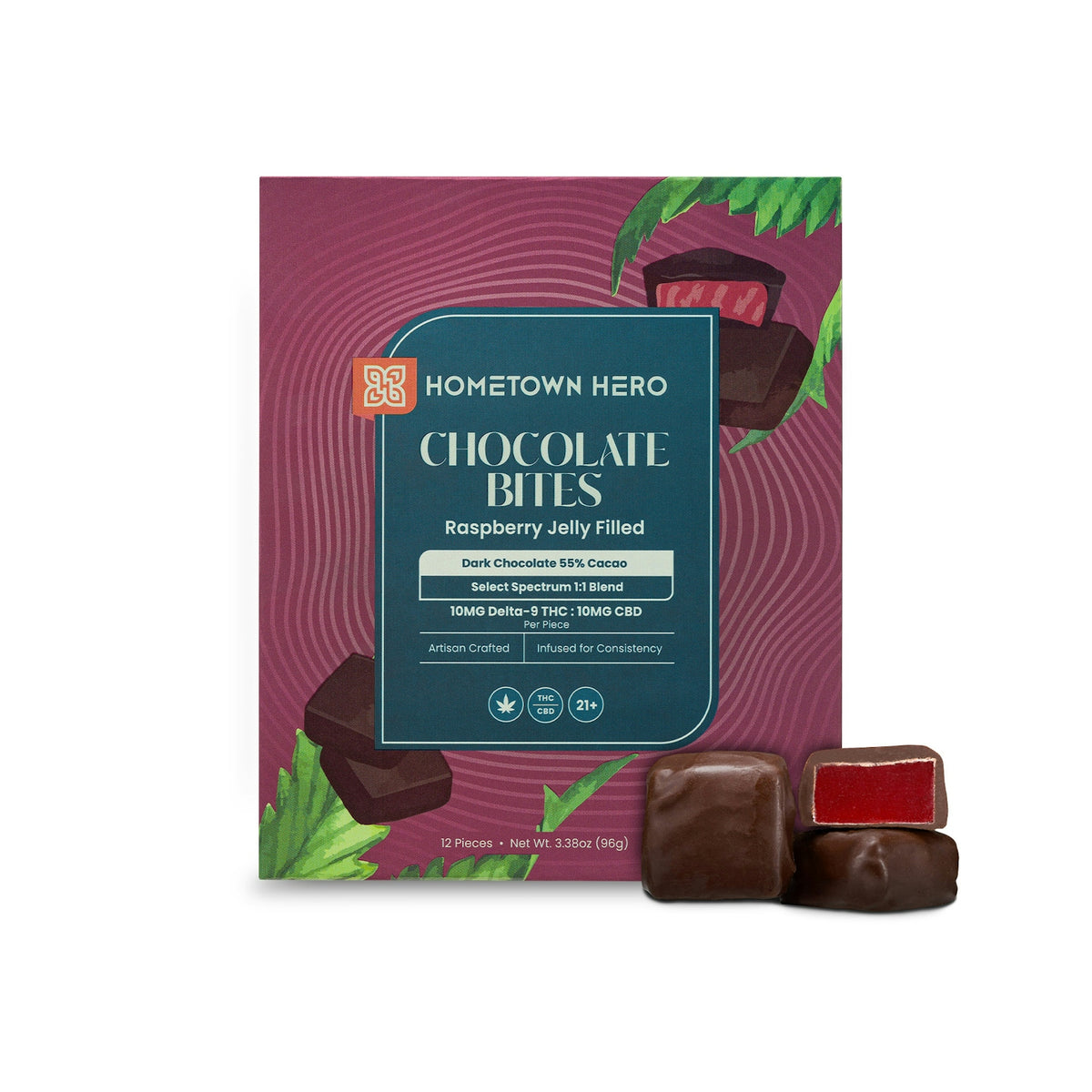 Raspberry Jelly Dark Chocolate Bites - 10mg THC &amp; CBD with Live Rosin (12pcs)