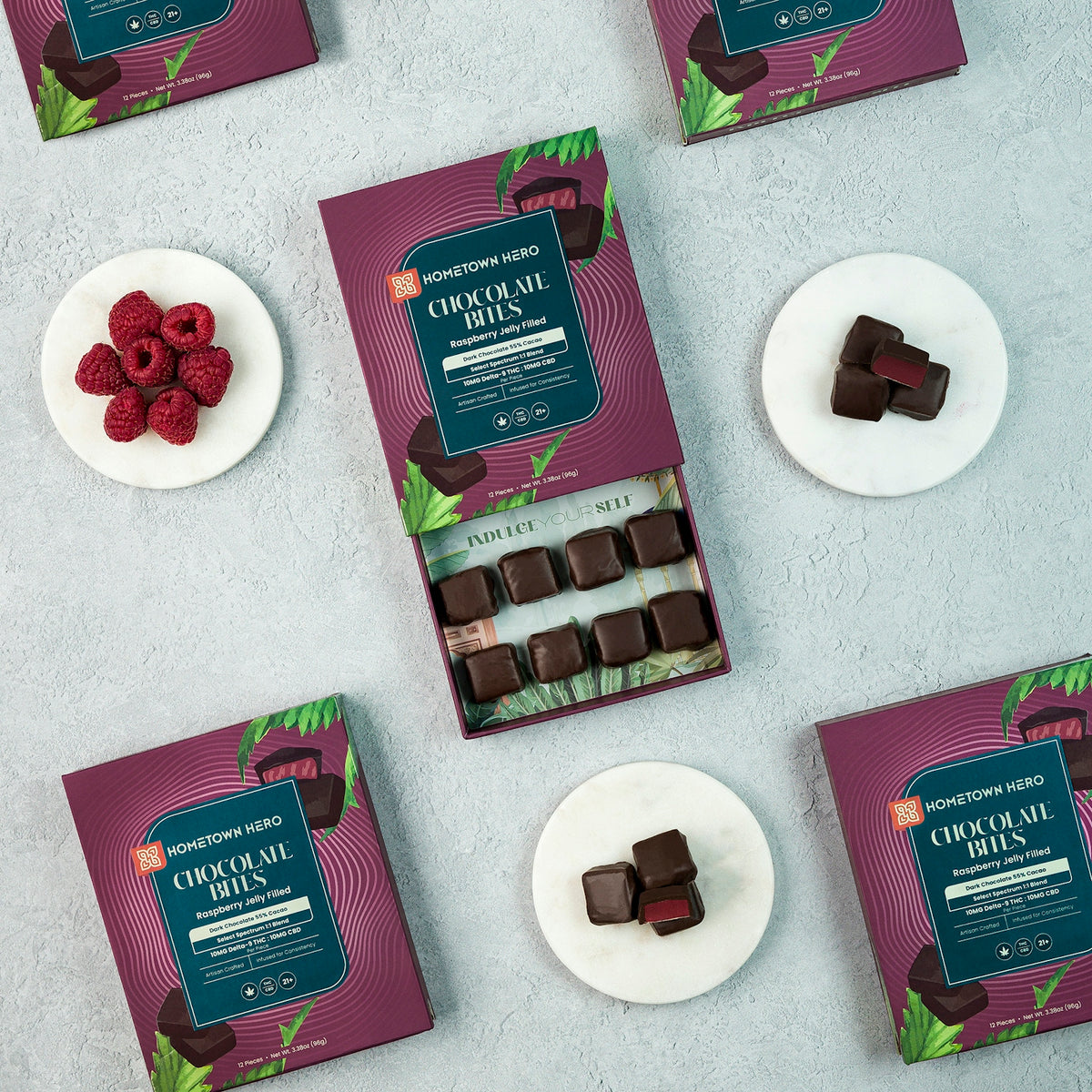 Raspberry Jelly Dark Chocolate Bites - 10mg THC &amp; CBD with Live Rosin (12pcs)