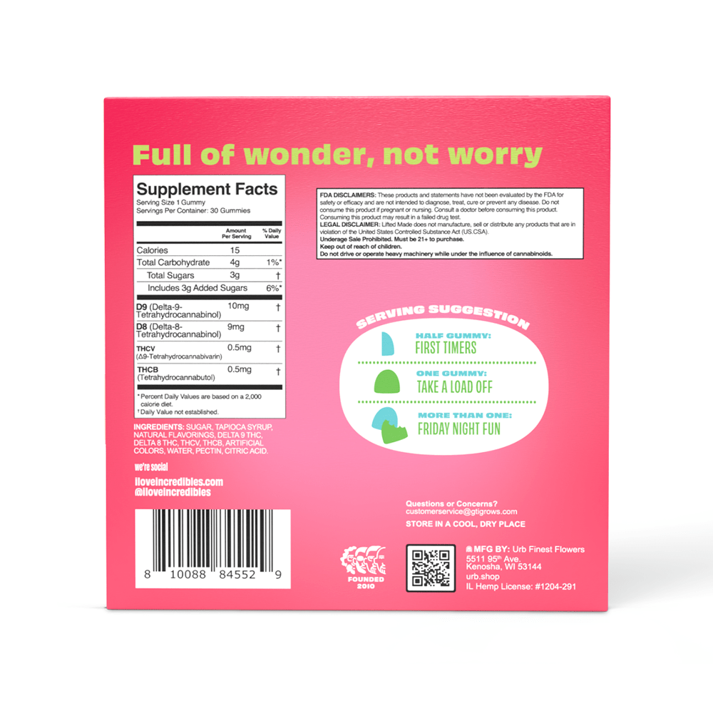 Incredibles Watermelon Smash Gummies - D9/D8THC, THCV, &amp; THCB Blend